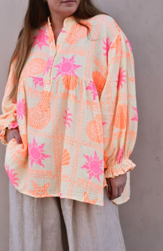 Gul/rosa - Oversized Sommer Bomulls Bluse