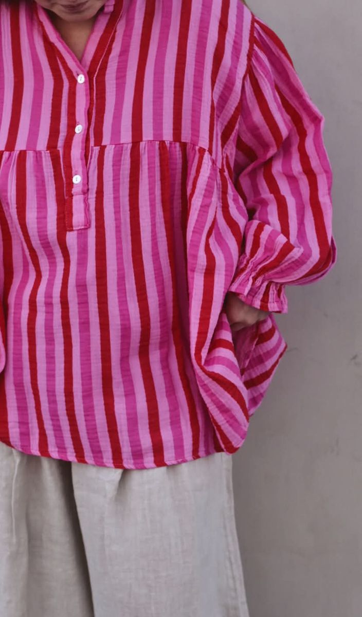 Rød/rosa - Oversized stripet Bomulls Bluse