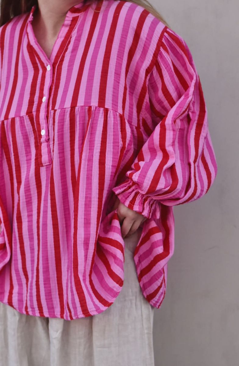 Rød/rosa - Oversized stripet Bomulls Bluse