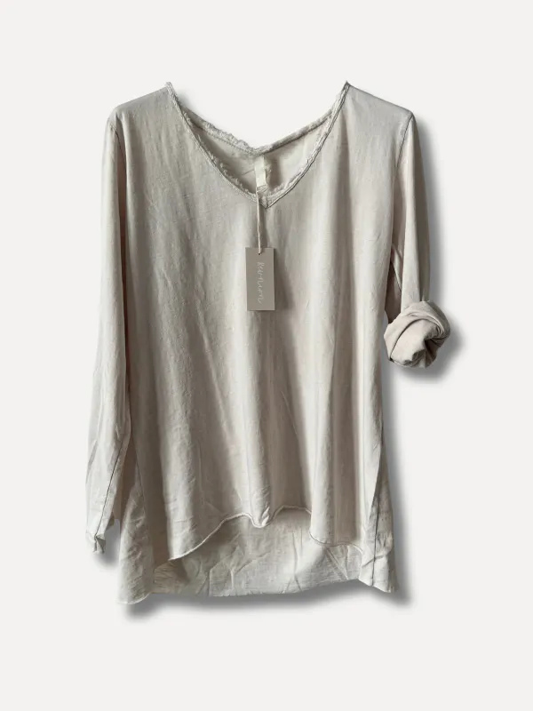 Beige - Classic V-hals Langermet T-skjorte