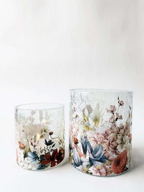 Rød/Blå Blomster - Krakelert Stort Lysglass