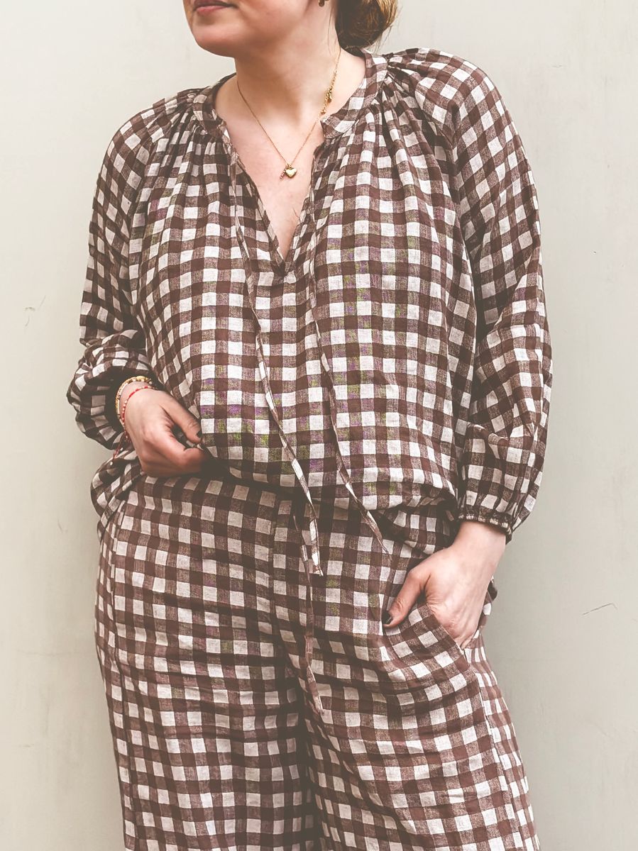 Brun/Hvit - Caja linbluse