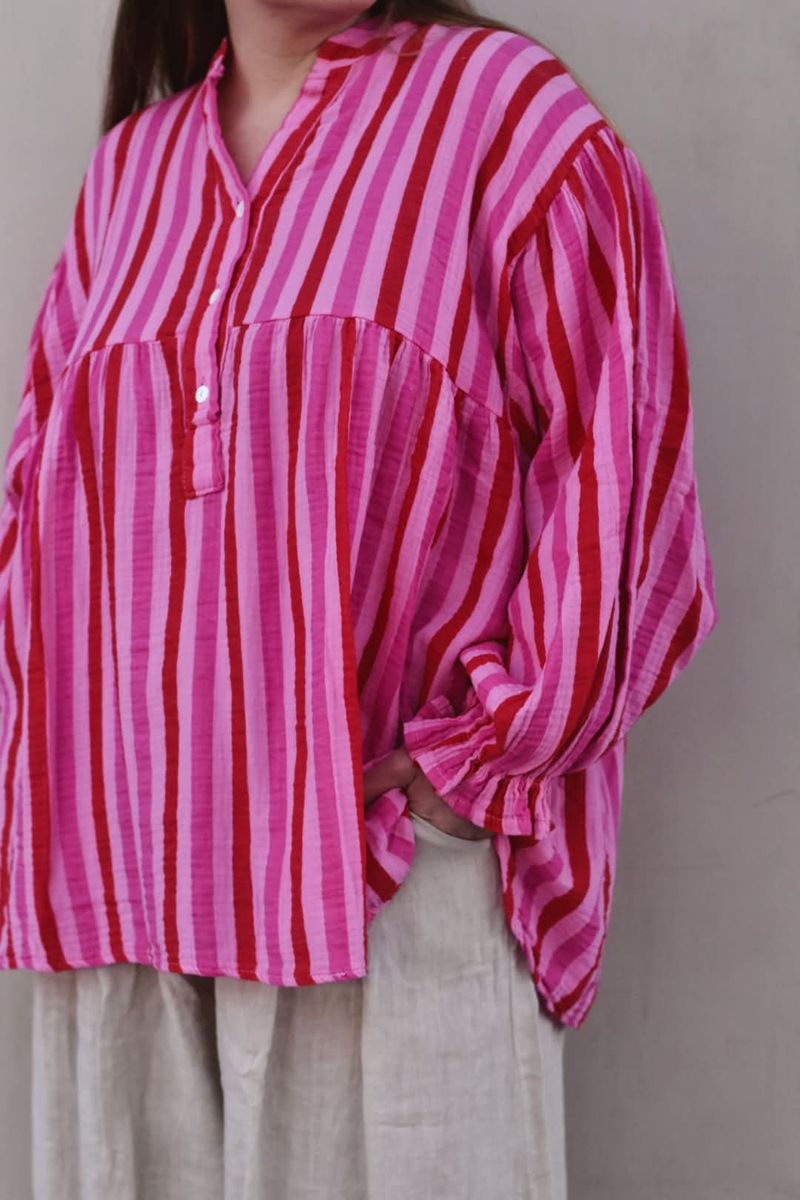 Rød/rosa - Oversized stripet Bomulls Bluse