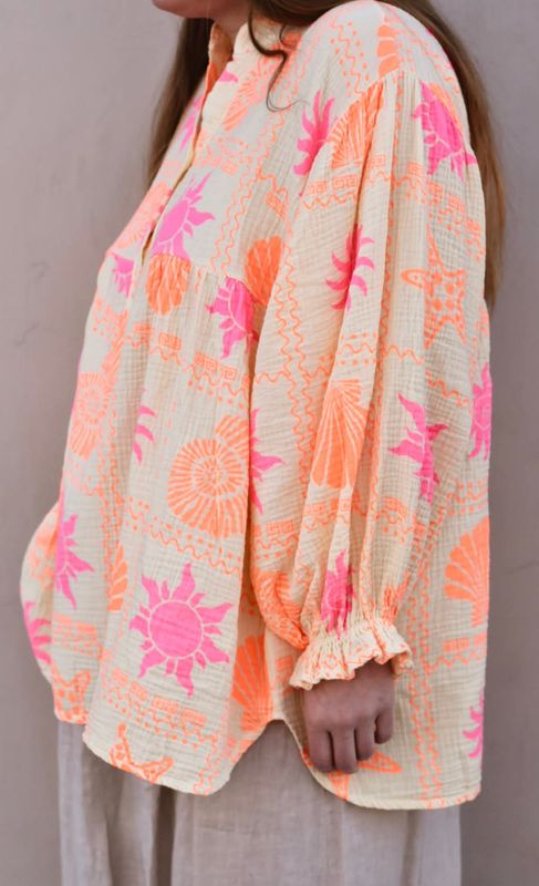 Gul/rosa - Oversized Sommer Bomulls Bluse